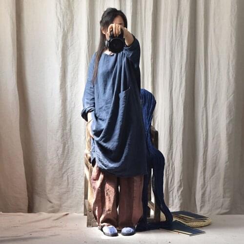 Women Solid Color Retro Linen Dress Ladies Autumn Flax Plus Size Robe Dresses Female 2019 Spring Fall Vintage Dress