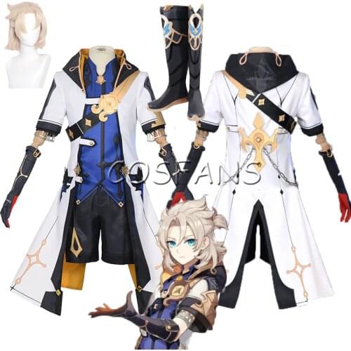11PCS Anime Genshin Impact Albedo Cosplay Costume Game Suit Uniform Halloween Outfit For Men New Full set Wigs and shoes