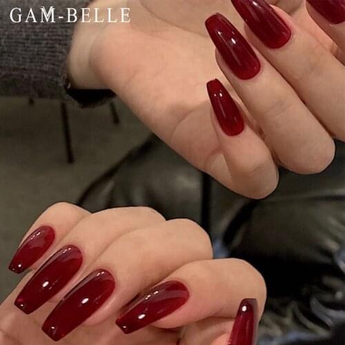 GAM-BELLE 24Pcs Red Long Ballerina Fake Nails French Glossy Detachable Artificial Press On Nails Tips Decoration Manicure Tool