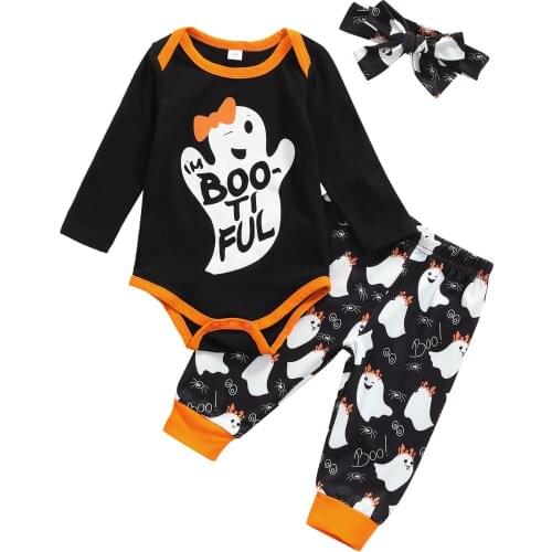 2021 3-24M Baby Girls Clothing Halloween Outfits Long Sleeve Cartoon Ghost Letter Romper+Harem Pants+Headband Set Costume 3pcs