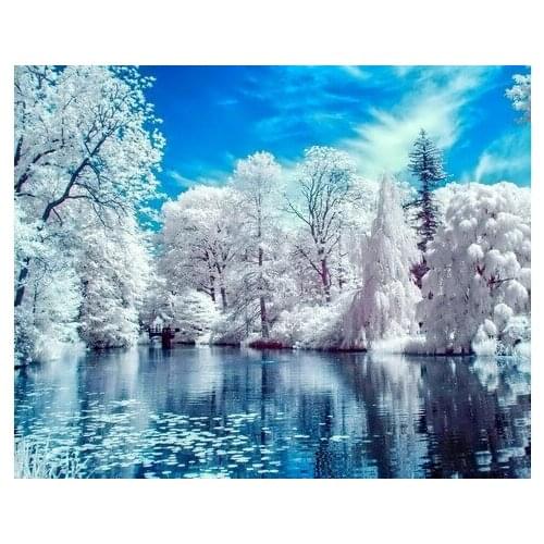5D Full Square Drill Diy Diamond Painting Landscape Blue Sky Pink Trees Lake Cross Stitch Resin Diamond Sets Diamond Embroidery