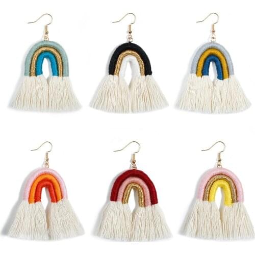 Bohemia Cotton Tassel Drop Earrings Multicolor U-shape Stacked Cotton Tassel Drop Earrings for Woman