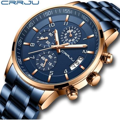 Top Brand Luxury CRRJU Men Sport Watch Stainless Steel Waterproof Chronograph Watches Quartz Military Men Clock reloj hombre
