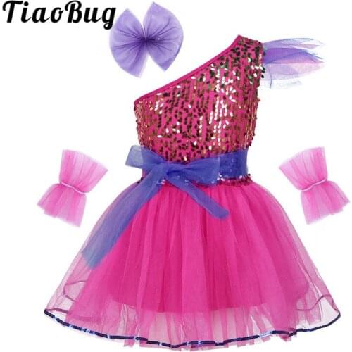 TiaoBug Kids Teens One-Shoulder Sequined Ballet Tutu Mesh Dress Set Girls Contemporary Jazz Dance Costume Child Stage Dance Wear