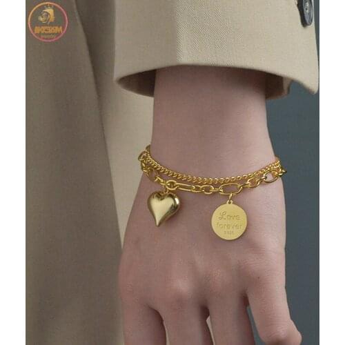 Akizoom Punk Double Layers Bangles Stainless Steel Heart Round Loveforever Bracelet Hand Chain Freeshipping Charm Party Jewelry