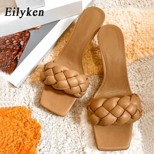 Eilyken 2021 New Design Women Slippers Fashion Weave Pu Leather Shallow Sliders Summer Outdoor High Heels Elegant Ladies Shoes