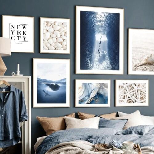 Shell Starfish Conch Diver Seal Nordic Posters And Prints Sea Wave Art Canvas Painting Abstract Wall Pictures Living Room Decor