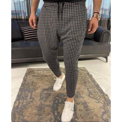 Mens Small Plaid Tie Rope Pants Casual Trousers Four Seasons Fashion Daily Slim Pencil Pants Mens Trousers