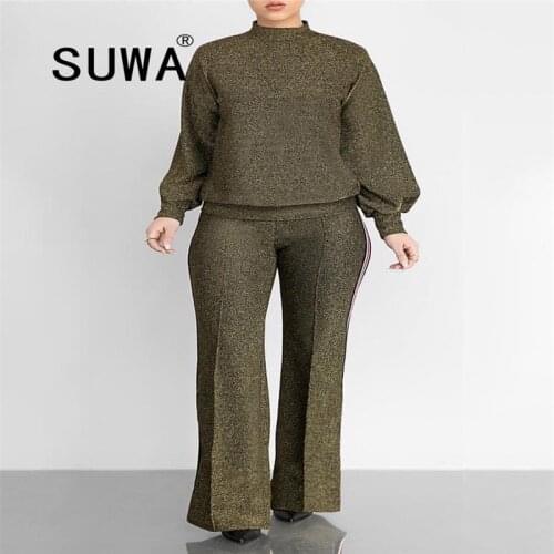 Office Wear Two Piece Set Women Long Sleeve Pullover Retro Top And Wide Leg Pants Casual Outfits Wholesale