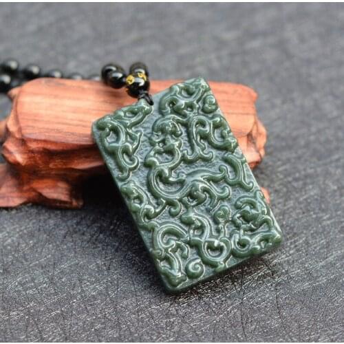 Certificate)Real Natural Green Hetian Nephrite Hand-Carved Chinese dragon Pendant Necklace Gift for Fashion Mens Jades Jewelry