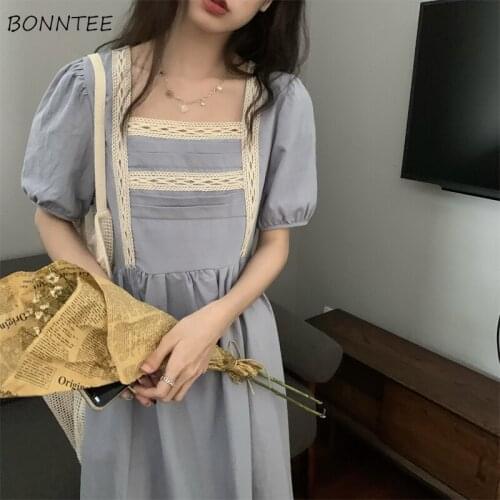 Dresses Women Puff Sleeve Summer Hot Sexy Ladies Fashion Sweet Girls Students All-match Vintage Elegant Popular Chic Retro Party