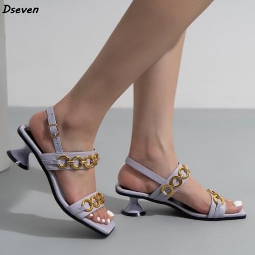 Elegant Temperament Gold Chain Mid-heeled Summer Women Sandals Solid Color Square Toe Comfortable Round Heel Ladies Shoes Hot