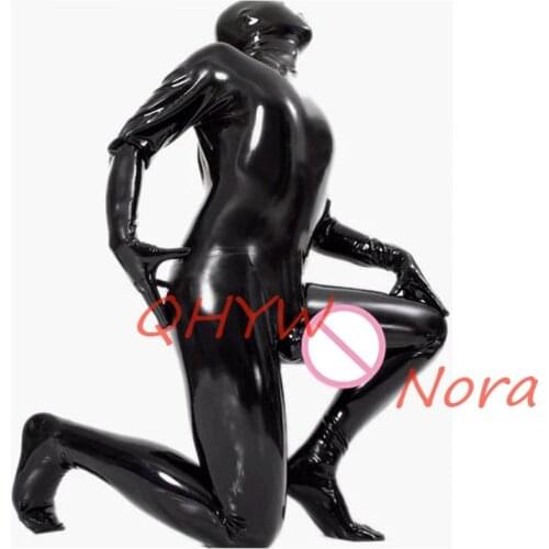 Sexy Exotic Sexy Handmade Black Men Male Latex Catsuit with Hood&gloves&socks &condom Zentai Cekc Fetish Bodysuits Back Zip