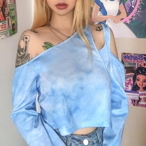 2020 Fall Fashion New Tie-Dye Tops Irregular Neck Long Sleeve Crop T-shirt Sexy Streetwear