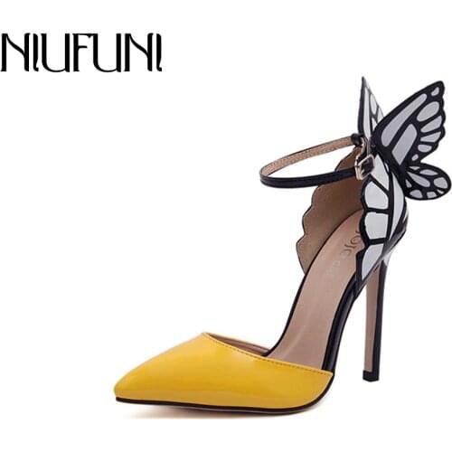 NIUFUNI 2020 Butterfly Wings Summer Pointed Toe Pumps Women Shoes Thin Heel High Heels Spell Color Sandals