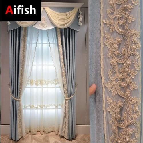 French Light Luxury Romantic Blue Pearl Lace Embroidered Yarn Living Room Bedroom Villa Shading Decorative Curtains Fabric 6