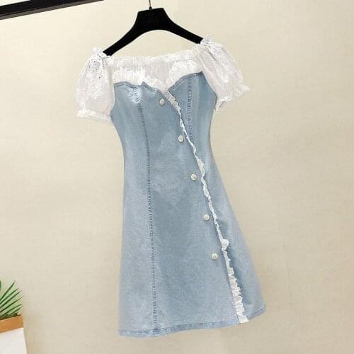 Dress 2021 New Fashion Lace Stitching One-shoulder Denim Dress Buttoned A-line Skirt Summer Womans Clothes