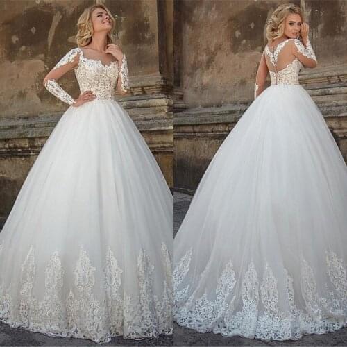 Princess vestidos de novia White Scoop Neckline A-line Wedding Dress Long Sleeve Lace Edge Decoration Wedding Gowns Bride Dress
