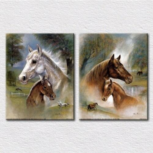 Handmade impression animals picture white horse and brown horse pictures printed on canvas 2pcs set modern living room wall art