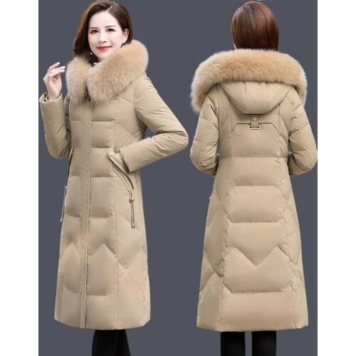 2021 Winter Women Coats Down Jacket Female Long Slim Solid Color Coats Ladies Thicken Warm Zip Fur Collar Parkas Outerwears H178
