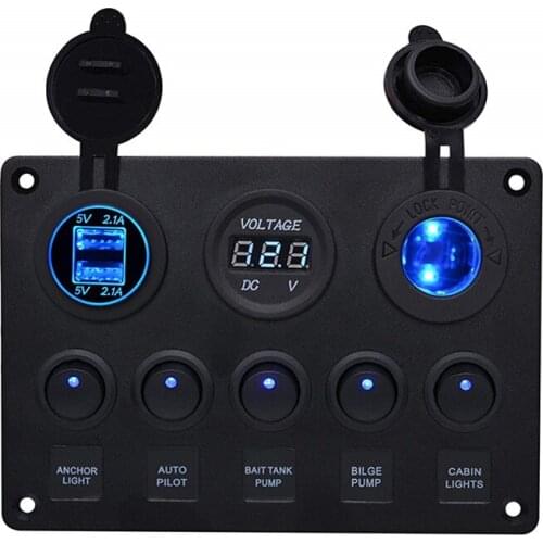 5 Gang Car Marine Yacht Boat Blue LED Rocker Switch Control Switch Panel Circuit Digital Voltmeter Dual USB Charger 12V-24V
