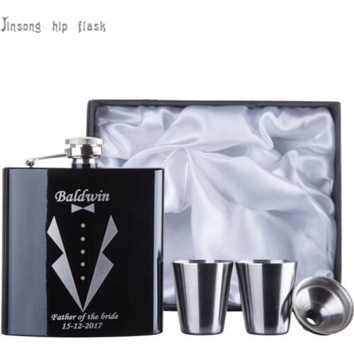 6 oz personalized white or yellow silk interior stainless steel hip flask set with 2 cups and one funnel