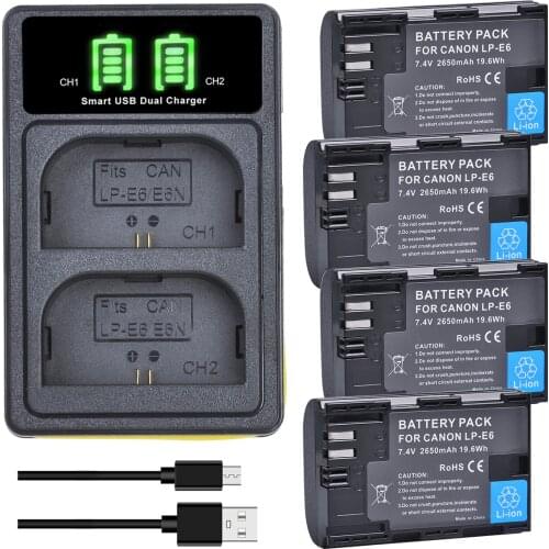 2650mAh LP-E6 LP-E6N Battery + Charger for Canon EOS 6D 7D 5D Mark II III IV 5D 60D 60Da 70D 80D 90D 5DS R5 R6 XC10 XC15