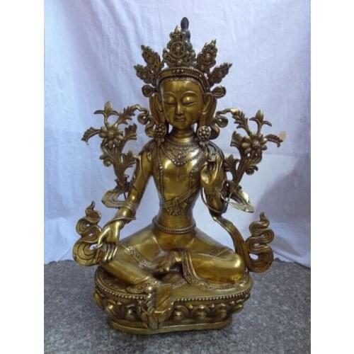 Bi001722 24" Tibet Bronze Gilt Buddhist GuanYin Goddess Green Tara Buddha Joss Statue