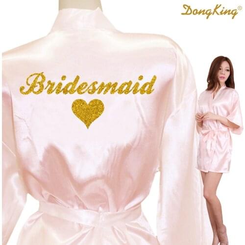 DongKing Bridesmaid Robes Bridesmaid Heart Golden Glitter Print Faux Silk Kimono Robes Wedding Gift Bride Team Bachelorette Love