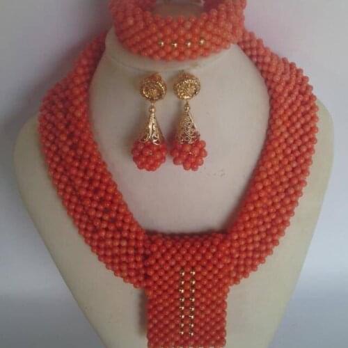 Fantastic Wedding African Coral Beads Jewelry Set Handmade Party Bridal Statement Necklace Earrings Set CNR723