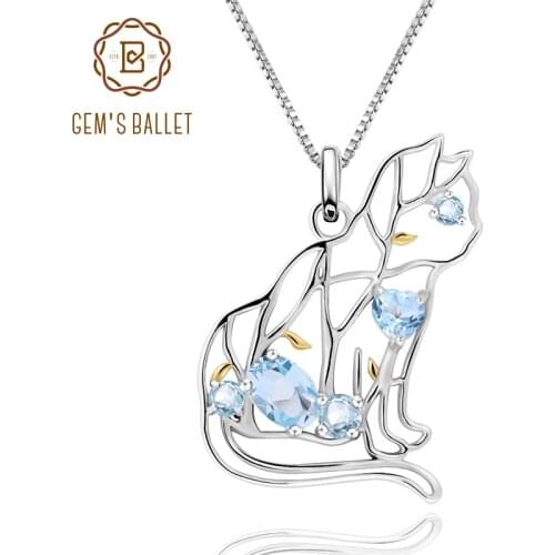 GEMS BALLET Cat Shape Natural Sky Blue Topaz Animal Jewelry 925 Sterling Silver Handmade Gemstone Pendant Necklace For Women