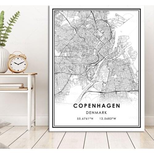 World City Map COPENHAGEN Wall Art Black And White Posters Prints Canvas Painting Picture For Living Room Decor framed
