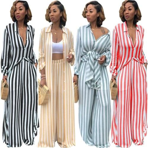 Women 2 Piece Matching Set Casual Striped Print Loose Long Shirt Wide Leg Pants Two-piece Suit Plus Size Outfits Yellow Clothes