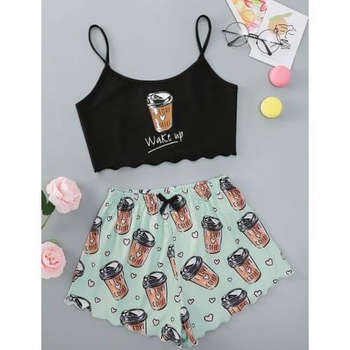 New Style Fashion Lady’s Summer Coffee Print Camisole With Avocado Color Shorts Pajama Set Home Wear Sleepwear Underwear