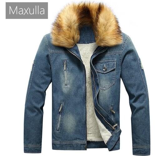 Maxulla Mens Fur Collar Denim Coat Winter Mens Cotton-padded Casual Jacket Male demin thick Clothing Mla073