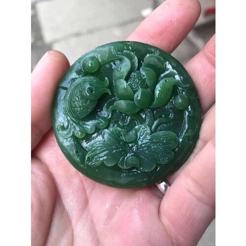Natural 7A hetian jade Handcarved jade lotus fish emperor green jade pendant necklace men pendants jewelry jade necklaces