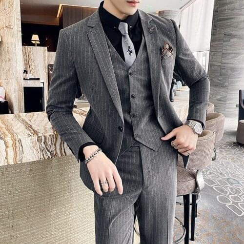 2021 Mens Fashion Boutique Gray Striped Slim Male Business Casual Suit 3pcs Set Groom Wedding Dress Jacket Coat Pants Vest S-7XL
