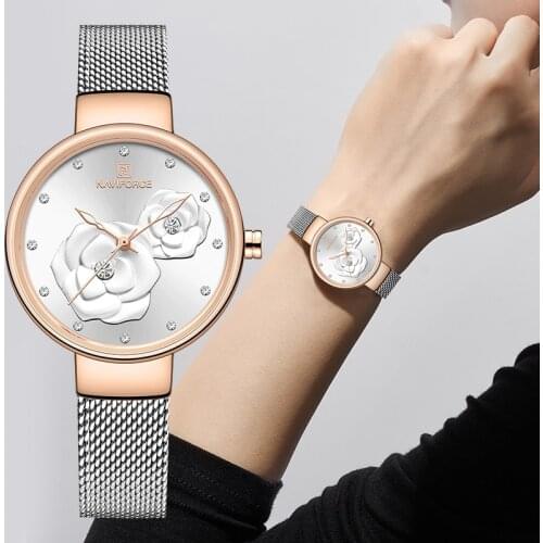 NAVIFORCE Luxury Brand Watch Women Charming Flower Quartz Wristwatches Lady Waterproof Mesh Steel Clock Watches Relogio Feminino