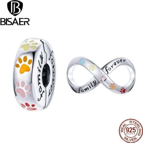 BISAER Family Forever 925 Sterling Silver Infinity Love Charms Colorful Paw Bead Fit Original Bracelet DIY Fine Jewelry ECC1849
