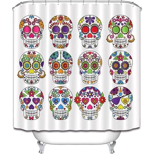 Shower Curtain Liner Candy Rose Skull Waterproof Fabric Bathroom Decor Hooks Set