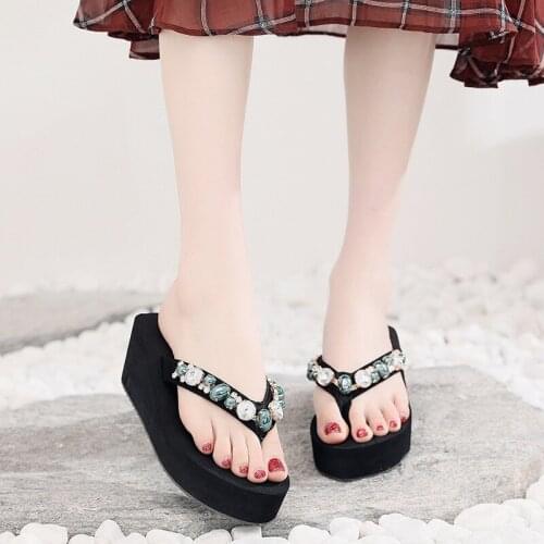 2019 Womens Slippers Summer Beach Casual Shoes Girls Crystal Wedges Slipper Fashion Loafers Platform mujer slides womens slate