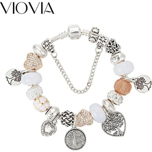 VIOVIA Tree of Life Charm Bracelets For Women Silver-plated Heart Bead Fit Original Bracelet Bangles Fashion Jewelry Gift B17005