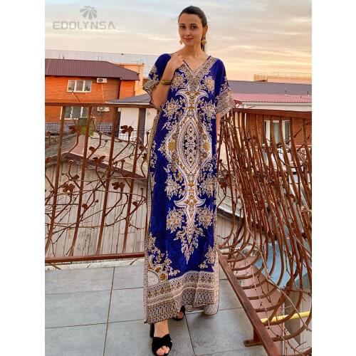 2021 Bohemian Floral Printed Cotton Tunic Beach Dress Women Summer Beachwear Plus Size Half Sleeve Side Split Long Dress N702