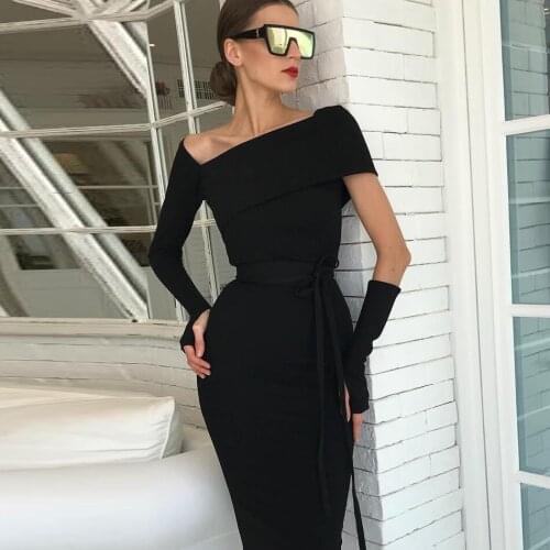 Designer Irregular Neck Lace Up Feminine Black Dress Sash Embellished Long Sleeve Back Slit Midi Sheath Club Vestido Dress