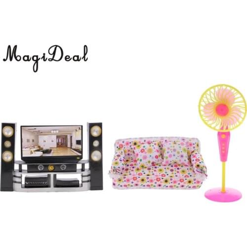 1/6 Scale Dollhouse Miniature TV+Long Sofa+Fan Set Living Room Furniture Decoration for Dolls Action Figures Accessory