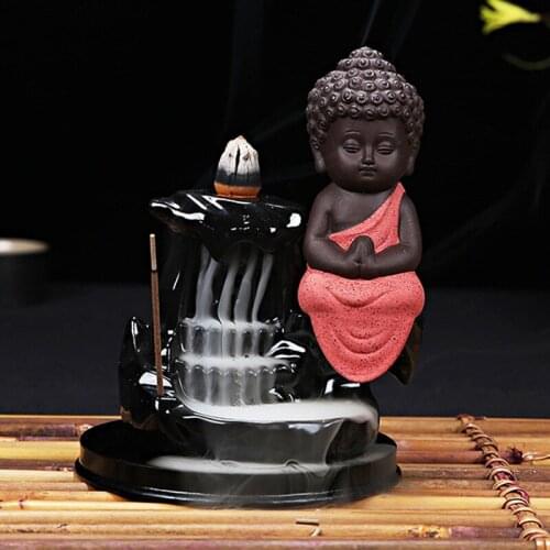 1Pcs Incense Cones Burner Creative Home Decor The Little Monk Small Buddha Censer Backflow Incense Burner Use In Home Teahouse