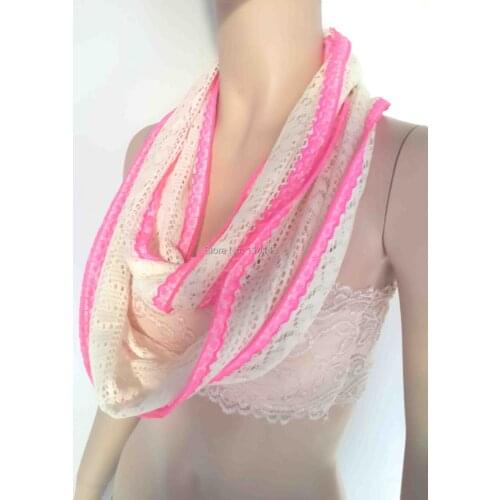 10pcs/lot Lace Infinity Cowl Scarf with Pink Edges Gift Womens Gift Accessories, Free Shipping
