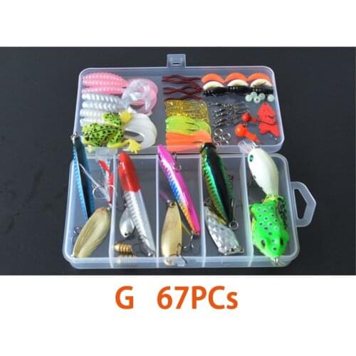 67PCs Fishing Lure Bait Kit Frog Pencil Popper Crankbait Swimbait metal Spoon Soft Jig Worm Hook Hard Plastic Wobblers Tackle