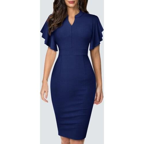 Retro Brief Solid Color Ruffle Sleeve Slim Elegant Wear to work Casual Fashion Pencil Dress HB572