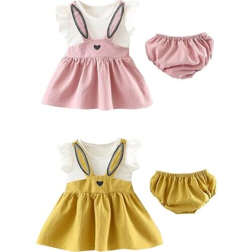2021 2Pcs/set Baby Girl Summer O-neck Cotton Cartoon Rabbit Pattern Dress Toddler Girls Cute Casual +Brief Set Dresses